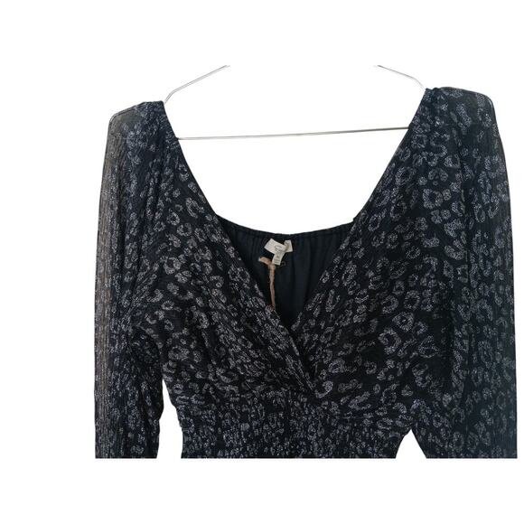 New Easel Black Metallic Animal Print Smocked Waist Blouse Sz L Long Sleeve - Picture 5 of 11